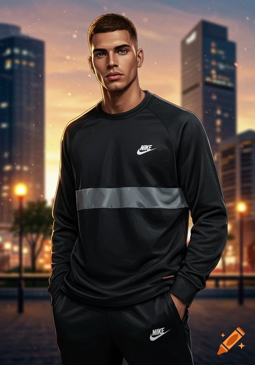 A stylish man in a black and grey Nike long-sleeve shirt and track pants stands in an urban setting at sunset, looking confident.