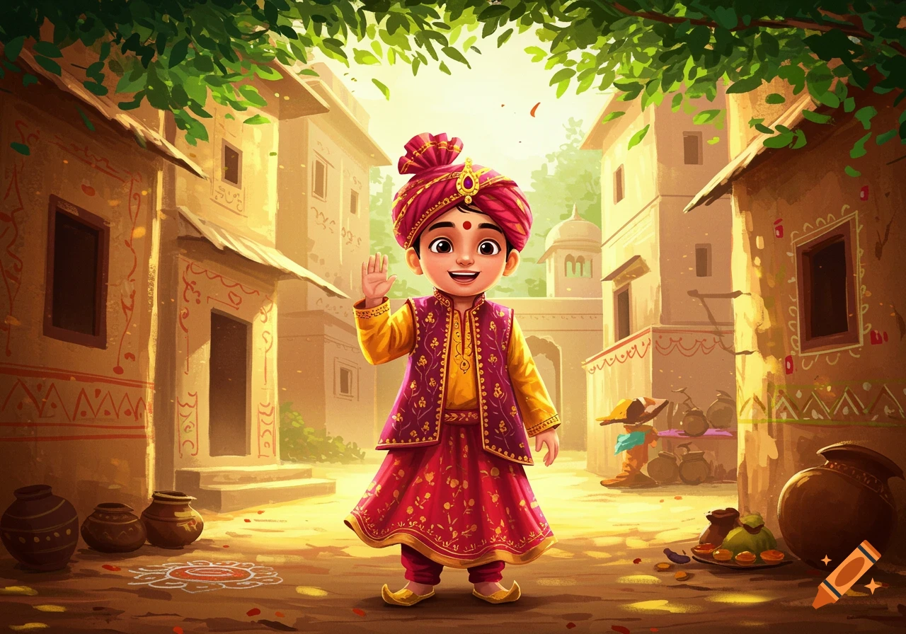 A happy cartoon Indian child in traditional clothing waves in a sunny village street with mud houses.