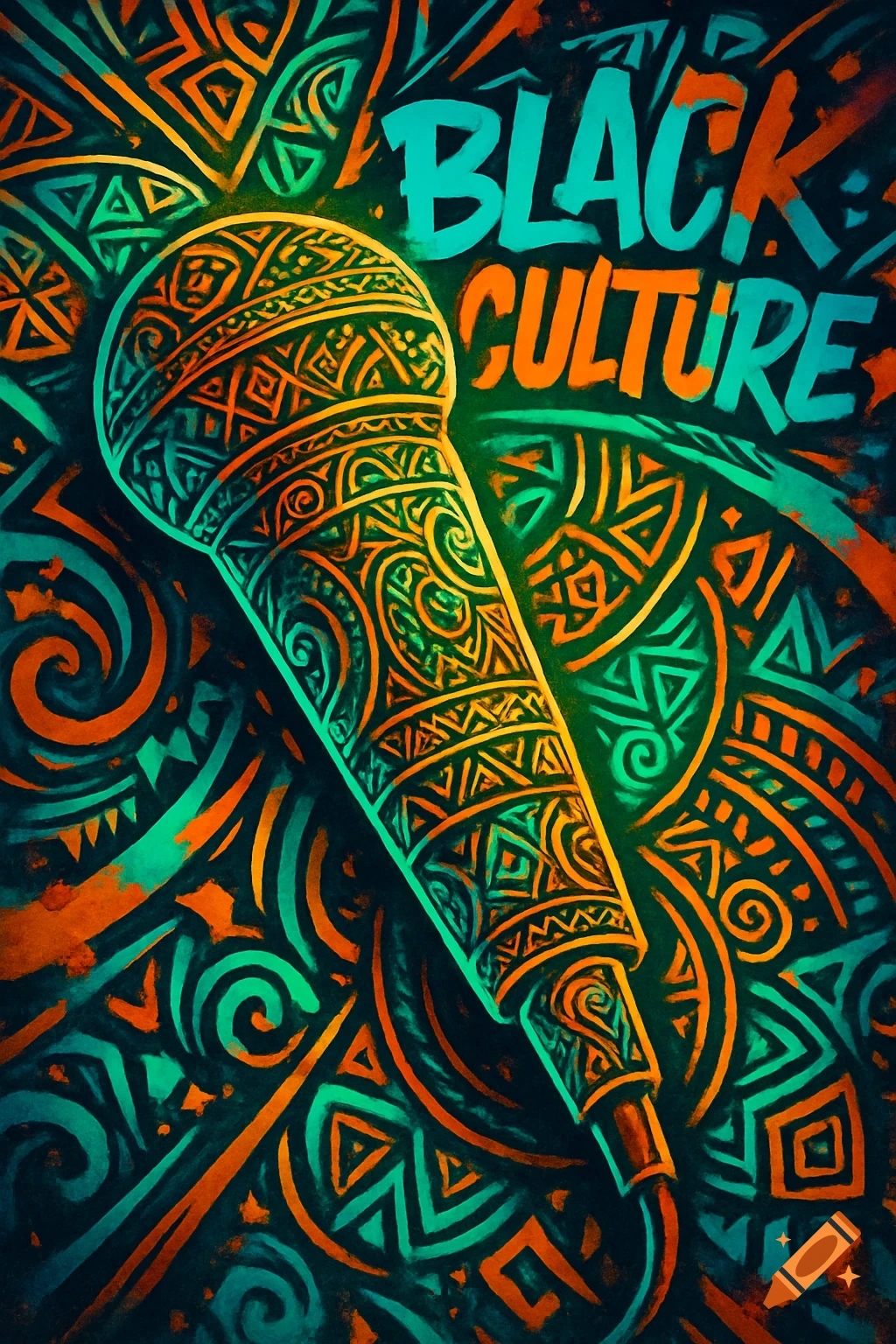 Stylized microphone with vibrant orange and green African patterns, and 'BLACK CULTURE' text in graffiti style.