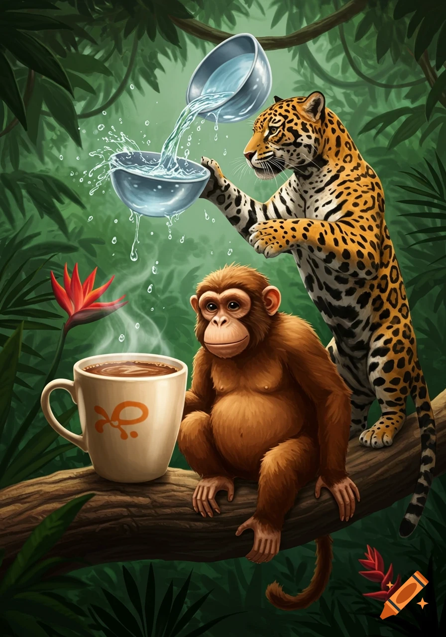 A whimsical illustration of a chunky monkey sitting on a jungle branch next to a coffee cup, while a jaguar above pours water into bowls.