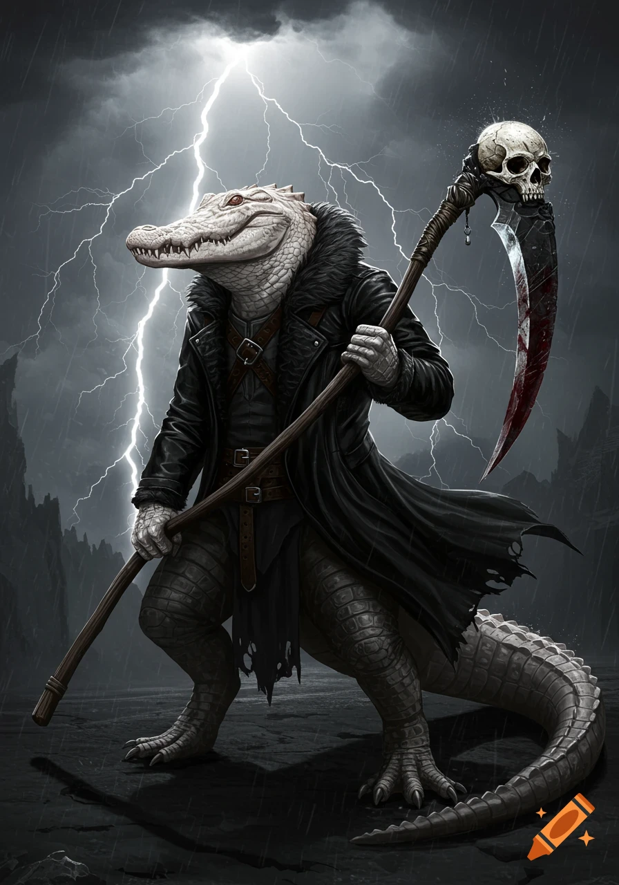 A bipedal albino alligator in a black leather coat holds a bloody scythe with a skull, set against a stormy, lightning-filled sky.