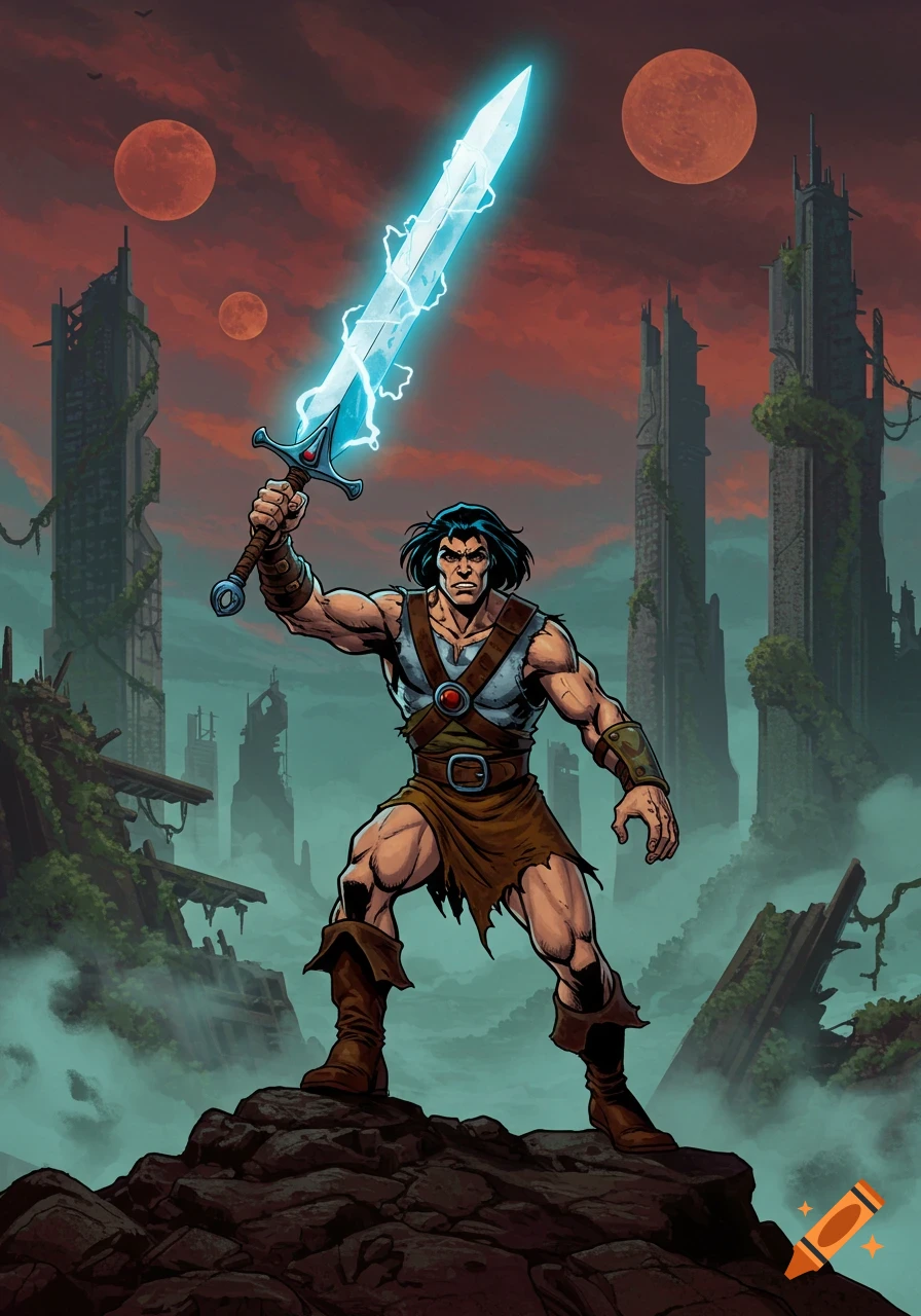 A muscular barbarian in a comic art style stands on rocks, holding a glowing sword aloft, with ruined buildings and red moons in the sky.