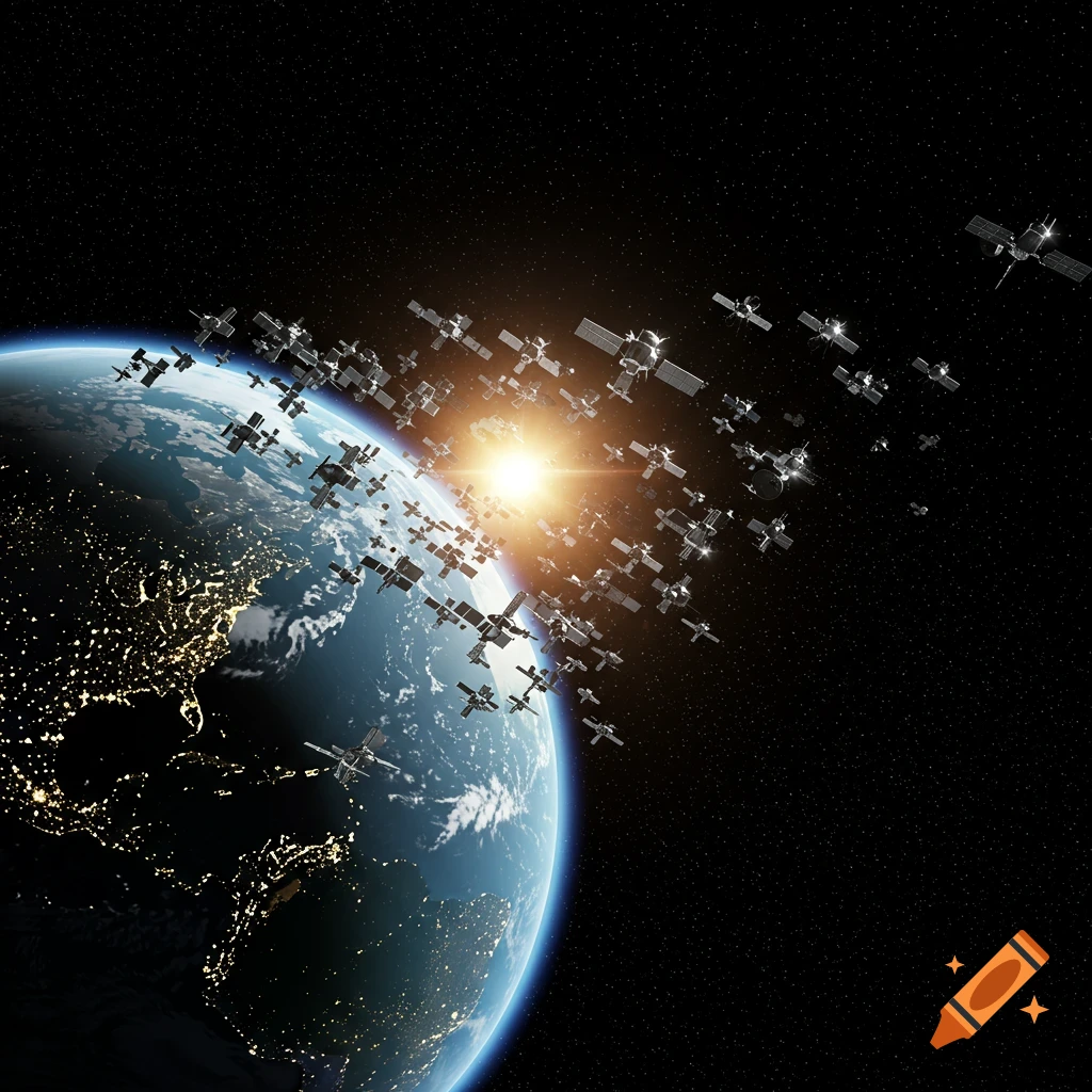 Earth from space with city lights visible on the night side, orbited by numerous satellites under a rising sun.