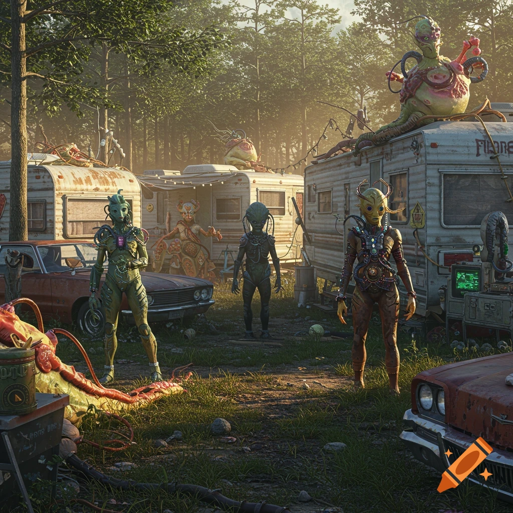 Several bizarre, alien-like creatures in a run-down trailer park, with rusty cars and overgrown vegetation under a surreal glow, in a photorealistic style.