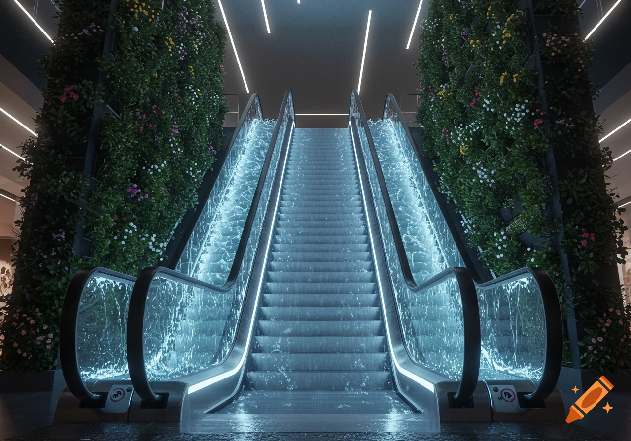 Photorealistic image of an escalator with glowing blue water cascading down the sides and steps, flanked by lush green vertical gardens.