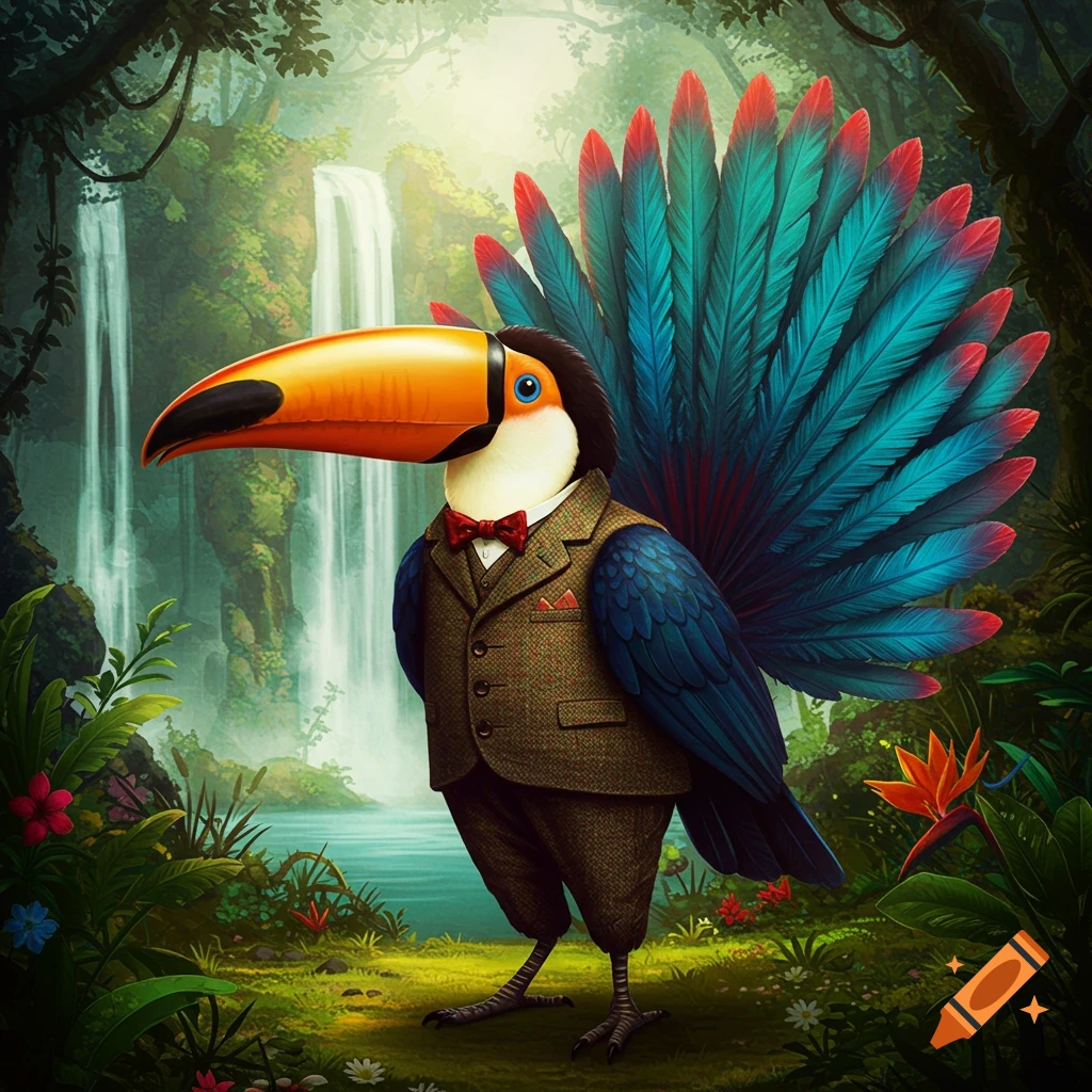 A whimsical toucan in a brown tweed suit and red bow tie stands in a lush jungle with waterfalls.