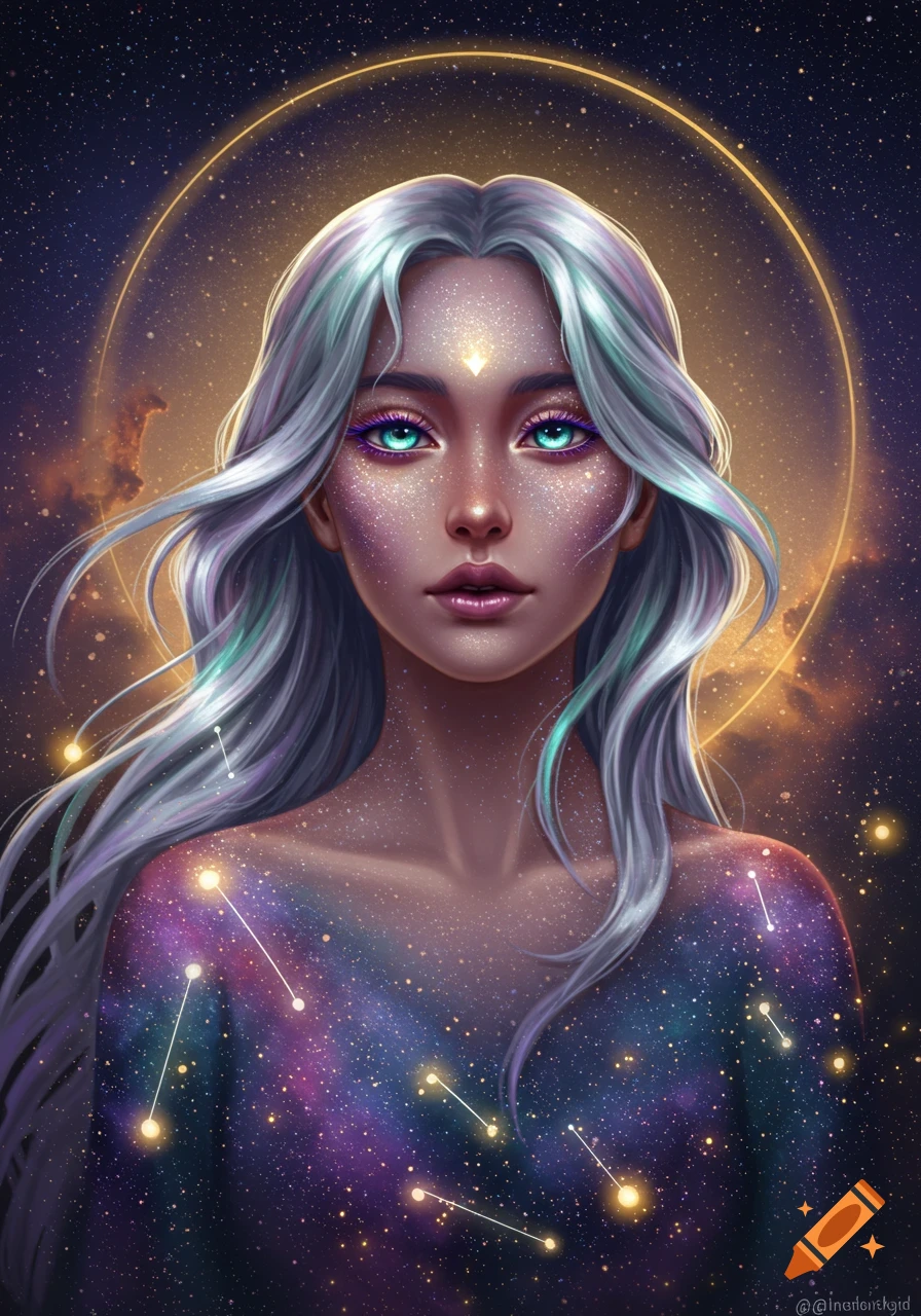 A fantasy portrait of a woman with long silver hair, glowing blue eyes, and skin covered in stars and galaxy patterns against a starry sky.