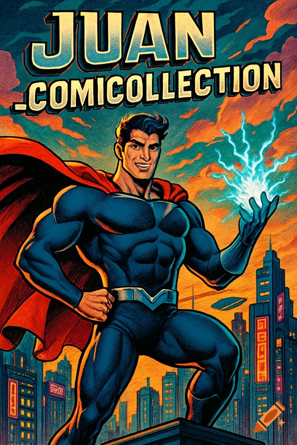 Comic book cover art featuring a muscular superhero in a blue suit and red cape, holding lightning, against a city skyline with text "JUAN _COMICOLLECTION".