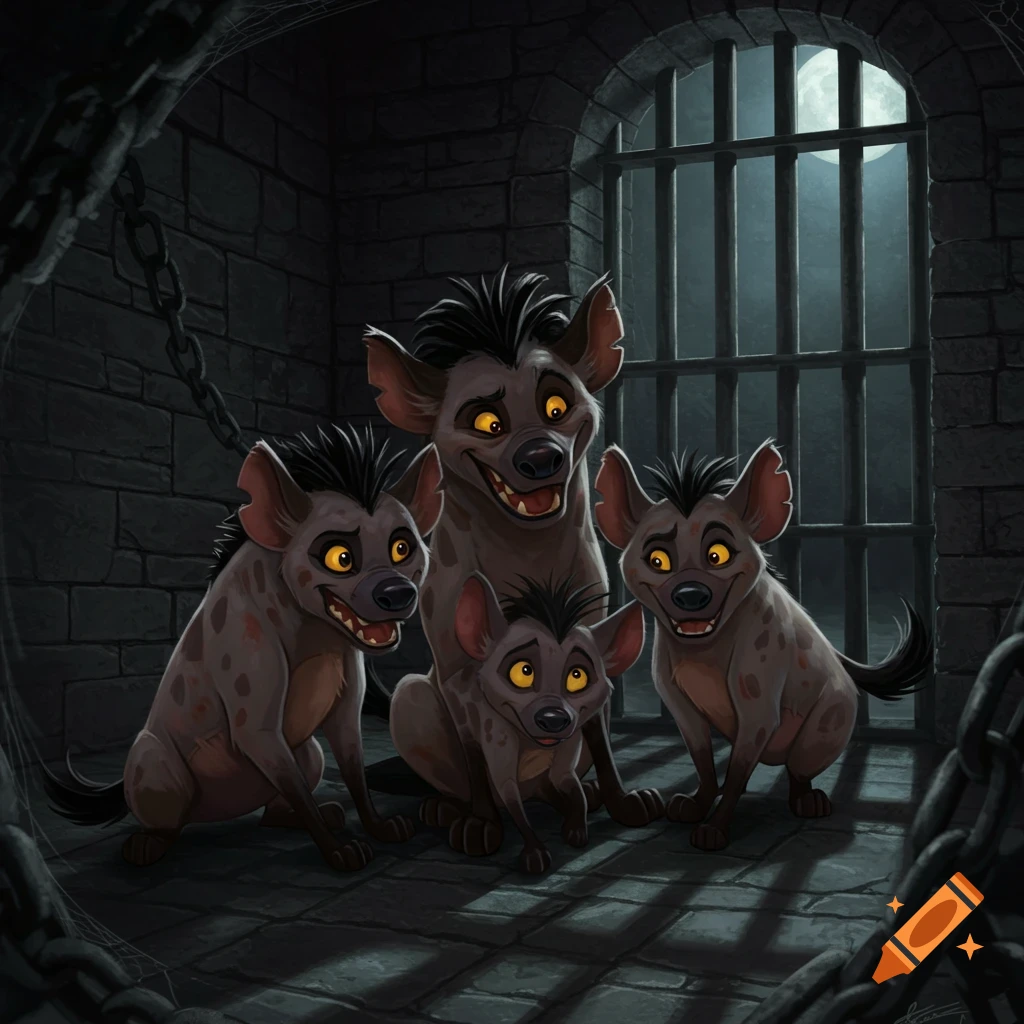 Four cartoon hyenas, resembling Banzai, Shenzi, and Ed, sit in a dark prison cell with a full moon visible through barred windows.