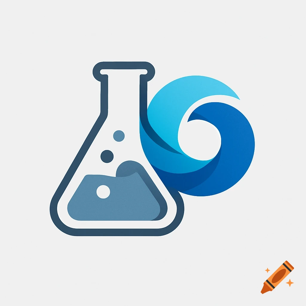 A stylized logo featuring a blue conical flask with liquid and bubbles, next to a layered blue and teal swirling design, all on a white background.