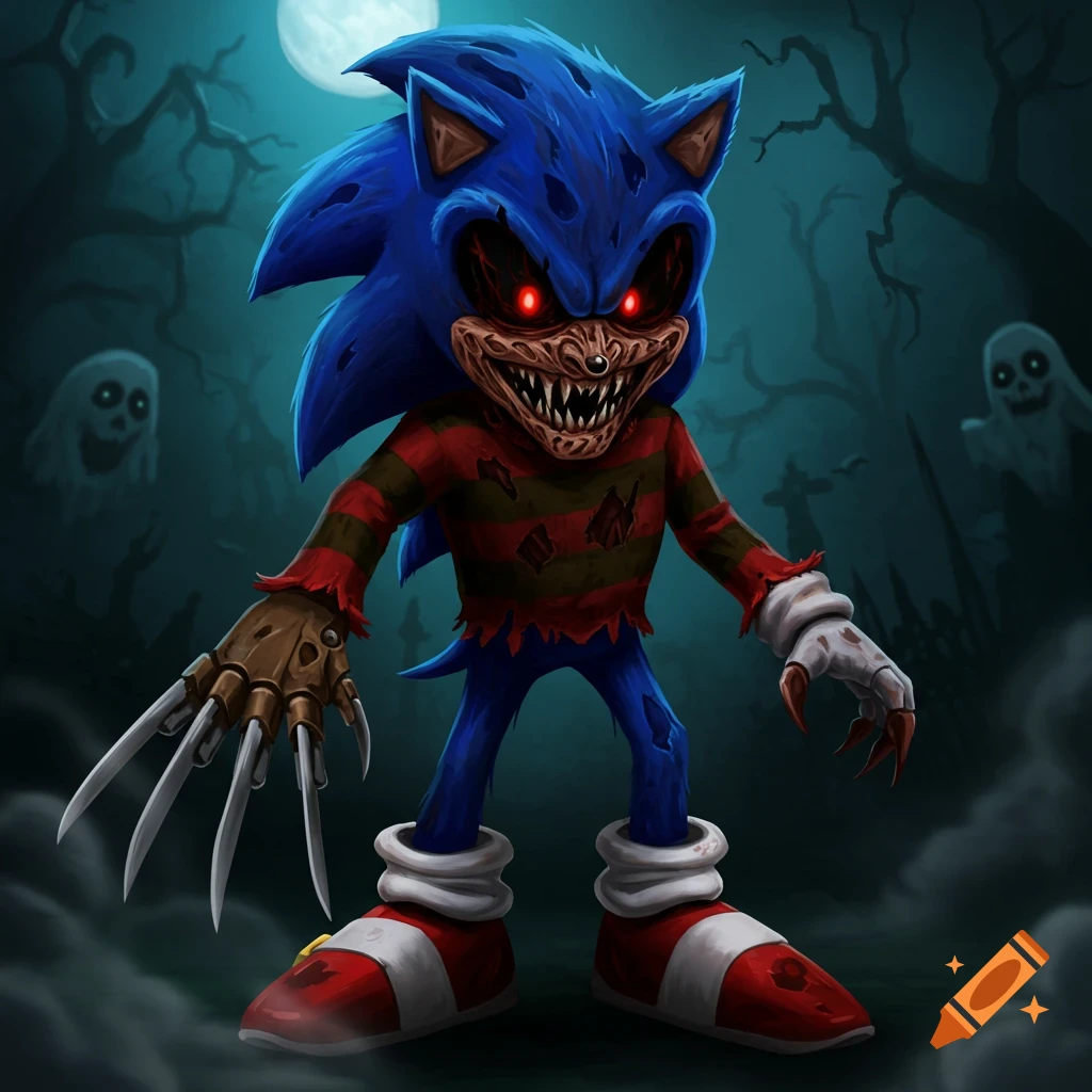 A horror-themed illustration of Sonic.exe as Freddy Krueger with sharp teeth, glowing red eyes, and claws, standing in a spooky forest with ghosts.