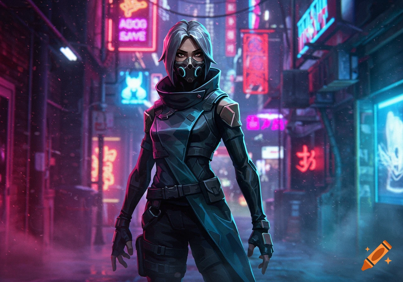 A grey-haired figure in a black futuristic suit and mask stands in a neon-lit cyberpunk alley.