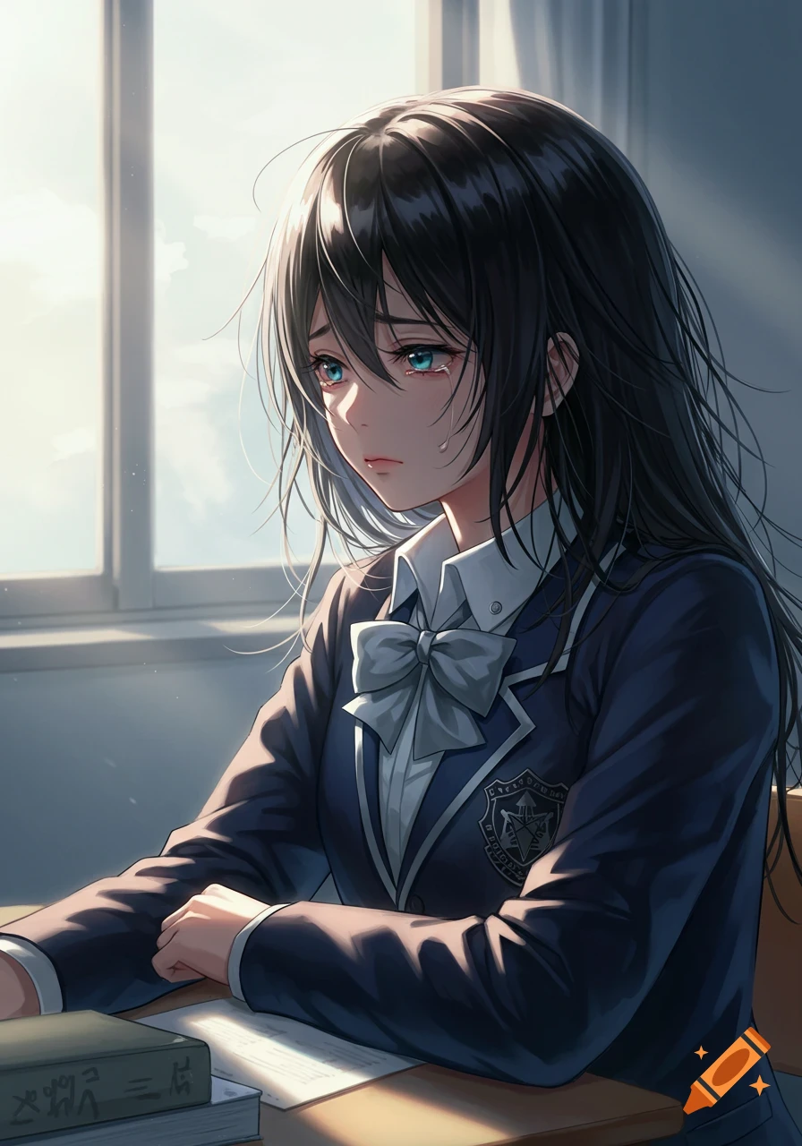 An anime schoolgirl with black hair and blue eyes cries at her desk in a sunlit classroom.