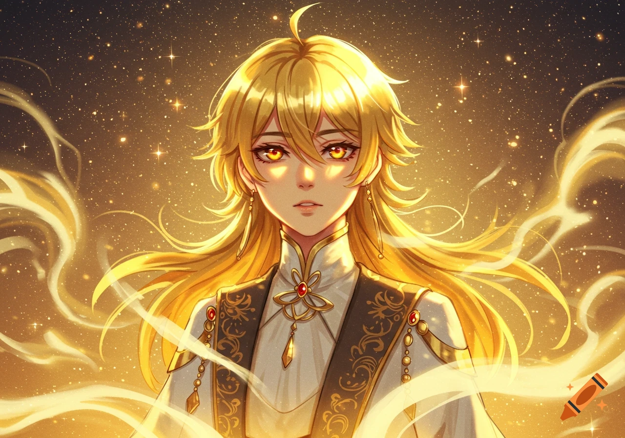 An anime boy with long golden hair and glowing golden eyes, wearing an ornate white and gold costume, against a sparkling golden background.
