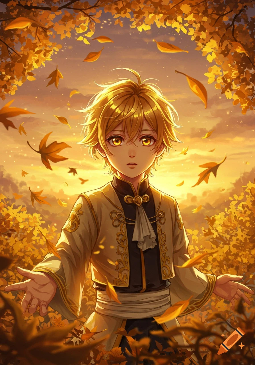 A golden-haired anime boy in an ornate robe stands in a vibrant autumn forest with falling leaves and a warm glow.