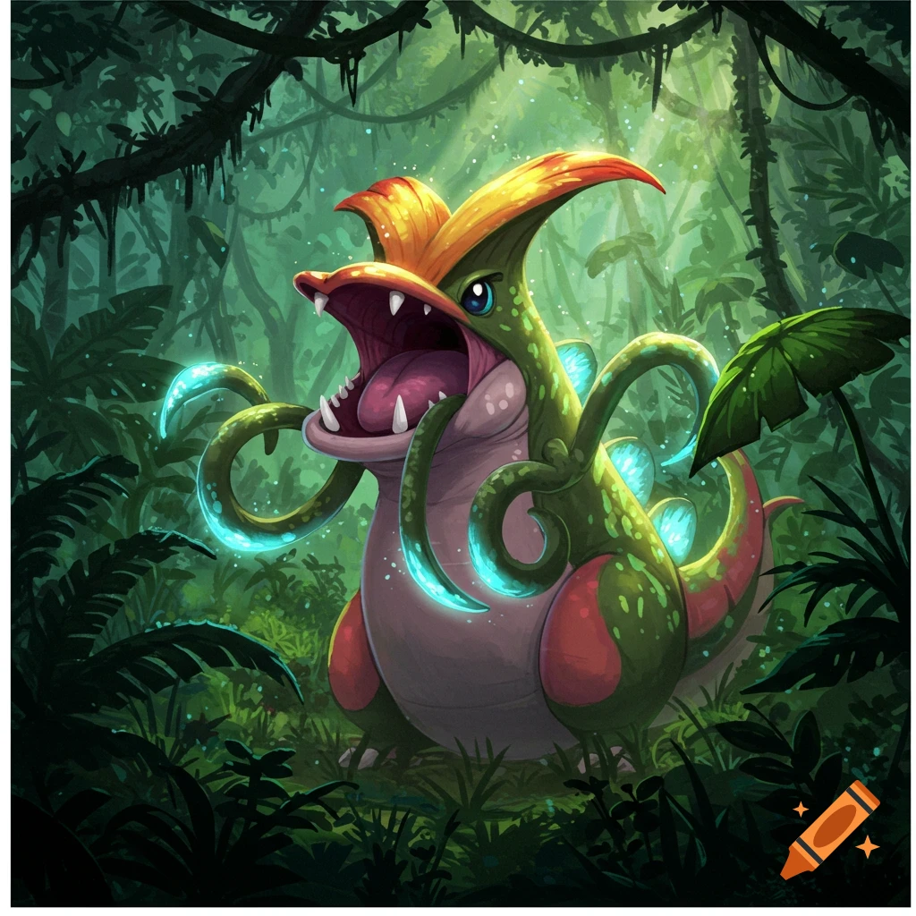 A green, plant-like monster with glowing blue tentacles and an open mouth with sharp teeth in a lush, sun-dappled jungle, illustration.