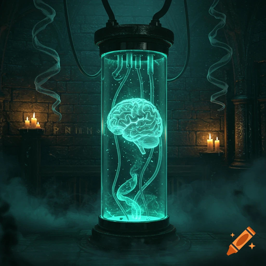 A glowing brain in a glass tube with tubes, surrounded by dark mist and candles in a gothic, brick-walled room.