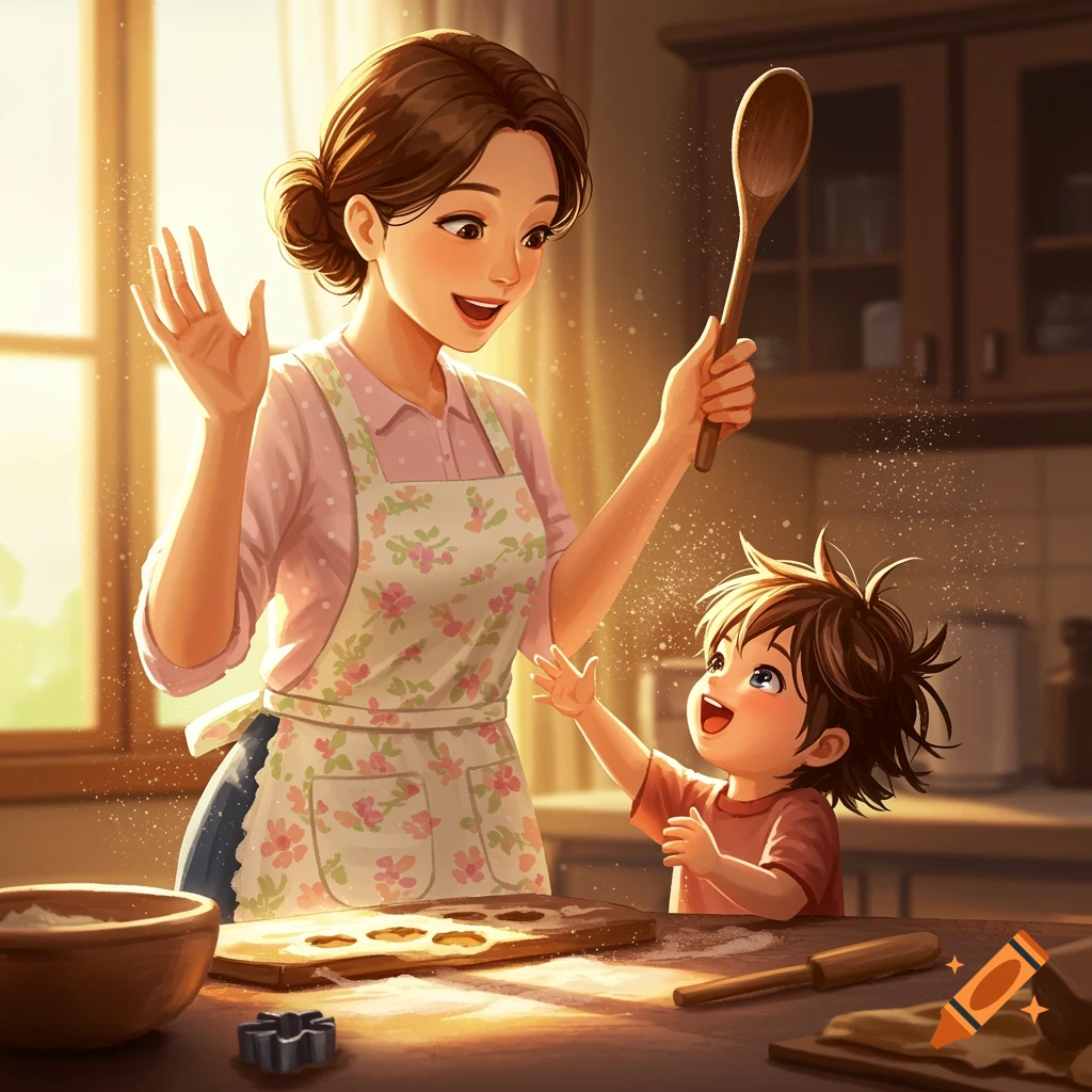 Stylized illustration of a mother and child happily baking in a sunny kitchen, holding a wooden spoon.