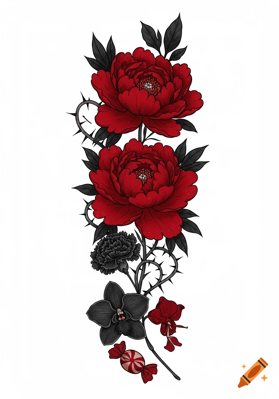 Gothic illustration of red peonies, black carnation, black and red orchids, and thorny vines, designed as a tattoo.