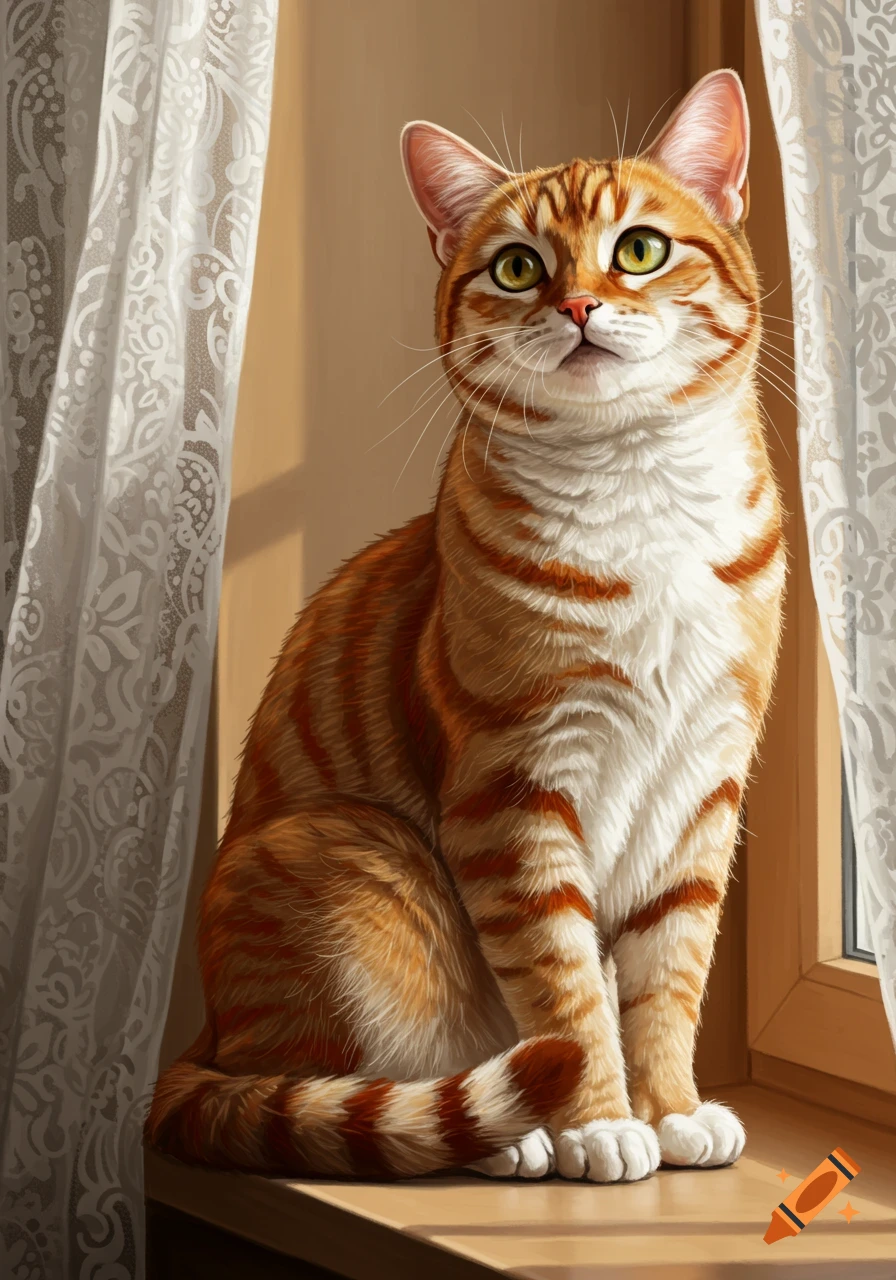 An orange tabby cat with white paws and chest sits on a sunlit windowsill, looking up, with lace curtains on either side.