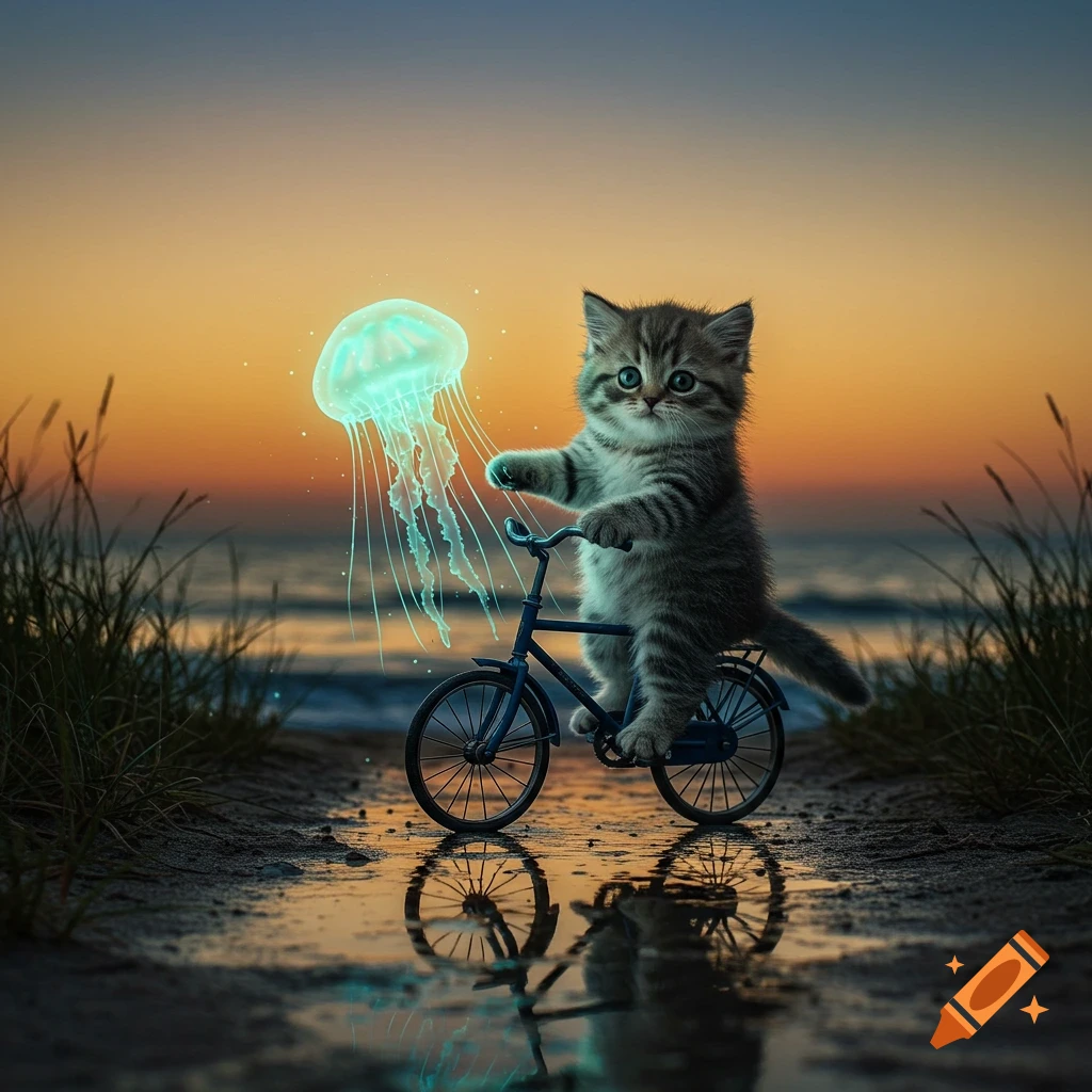 A cute kitten rides a small bicycle on a wet beach at sunset, holding a glowing jellyfish. Photorealistic style.