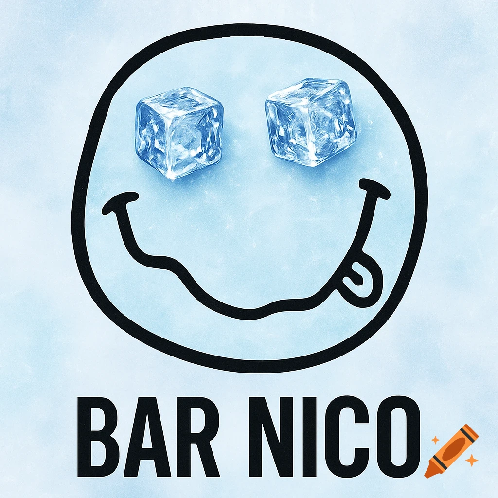 A stylized blue smiley face with ice cubes for eyes and a tongue sticking out, with the text 'BAR NICO' below in a graphic design style.