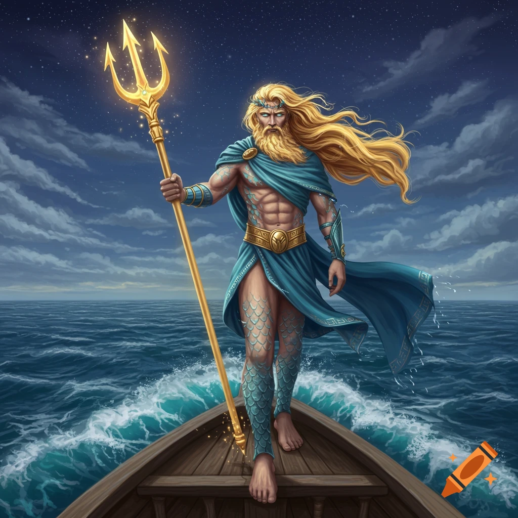 A blonde-haired, bearded man in blue Greek-themed attire stands on a boat, holding a glowing golden trident on a starry ocean.