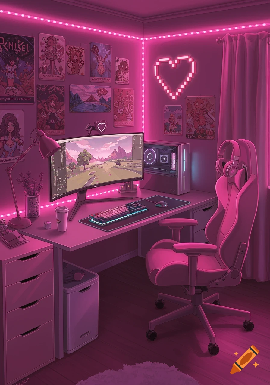 A stylized gaming room bathed in pink neon light. A desk with a large monitor displaying a pixelated landscape, a keyboard, mouse, and a PC tower. A pink gaming chair is pulled up to the desk. Posters with anime-style art adorn the walls, along with LED strip lights and a pixelated heart neon sign.