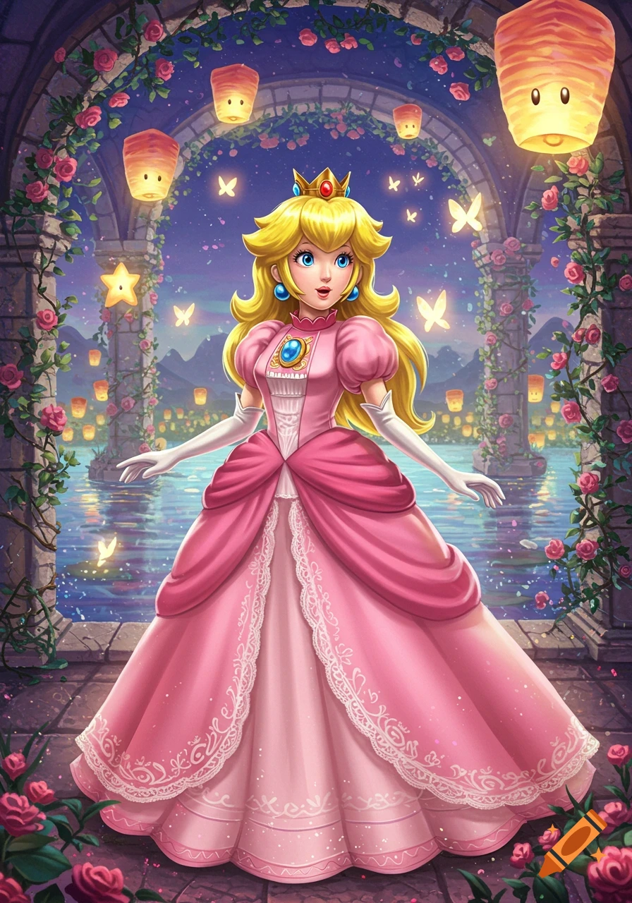 Vibrant illustration of Princess Peach in a pink gown, standing under a rose-covered archway with glowing lanterns and a lake at night.