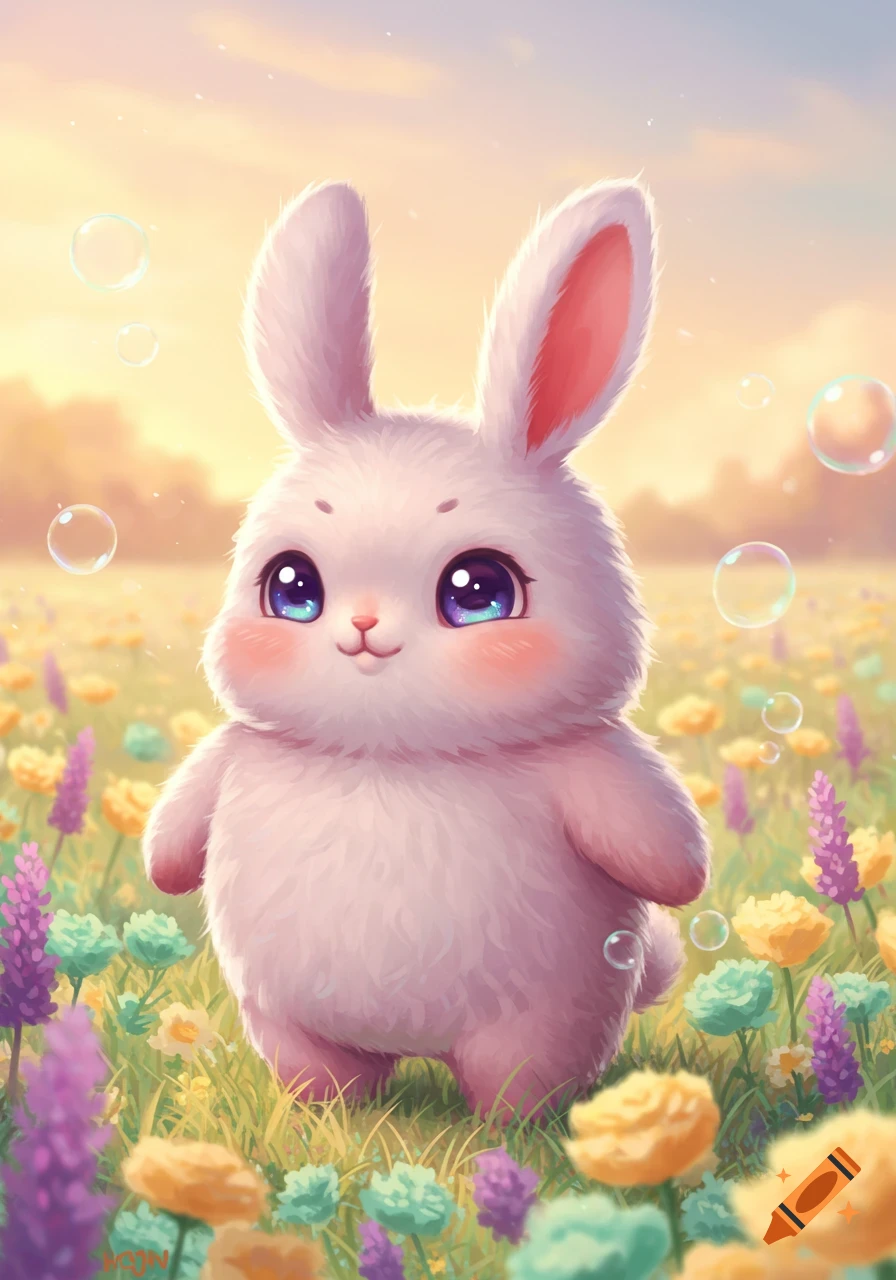 A fluffy pinkish-white kawaii bunny with large blue eyes stands in a field of colorful flowers with bubbles floating around.