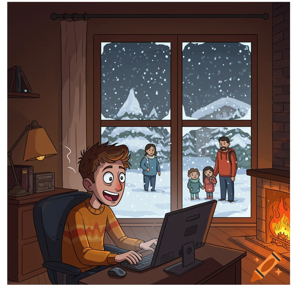Cartoon man excitedly works on a computer indoors by a fireplace, while a family stands outside in the snowy winter.