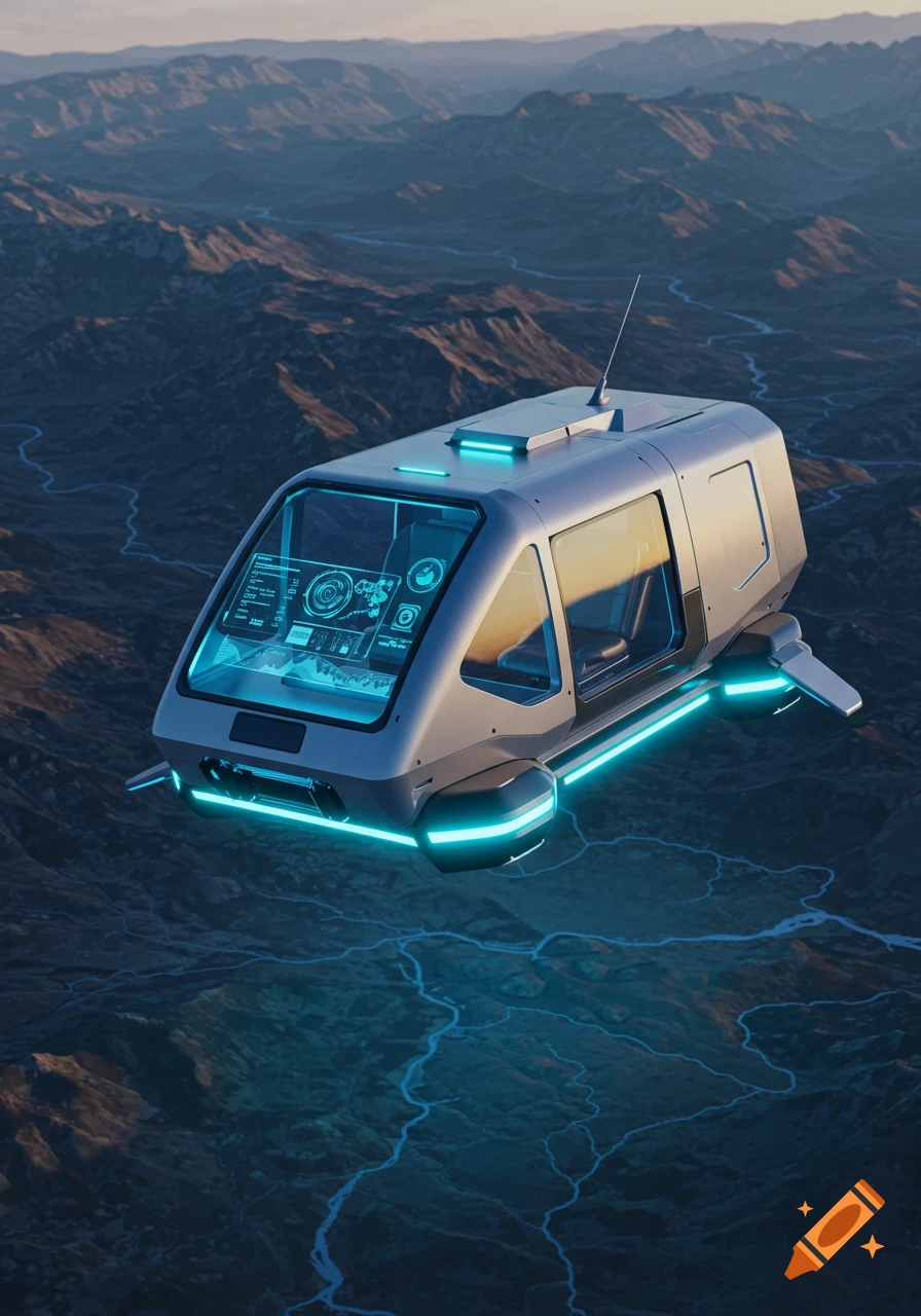Futuristic silver vehicle with glowing blue lights flying over a dark, mountainous landscape with glowing blue rivers.