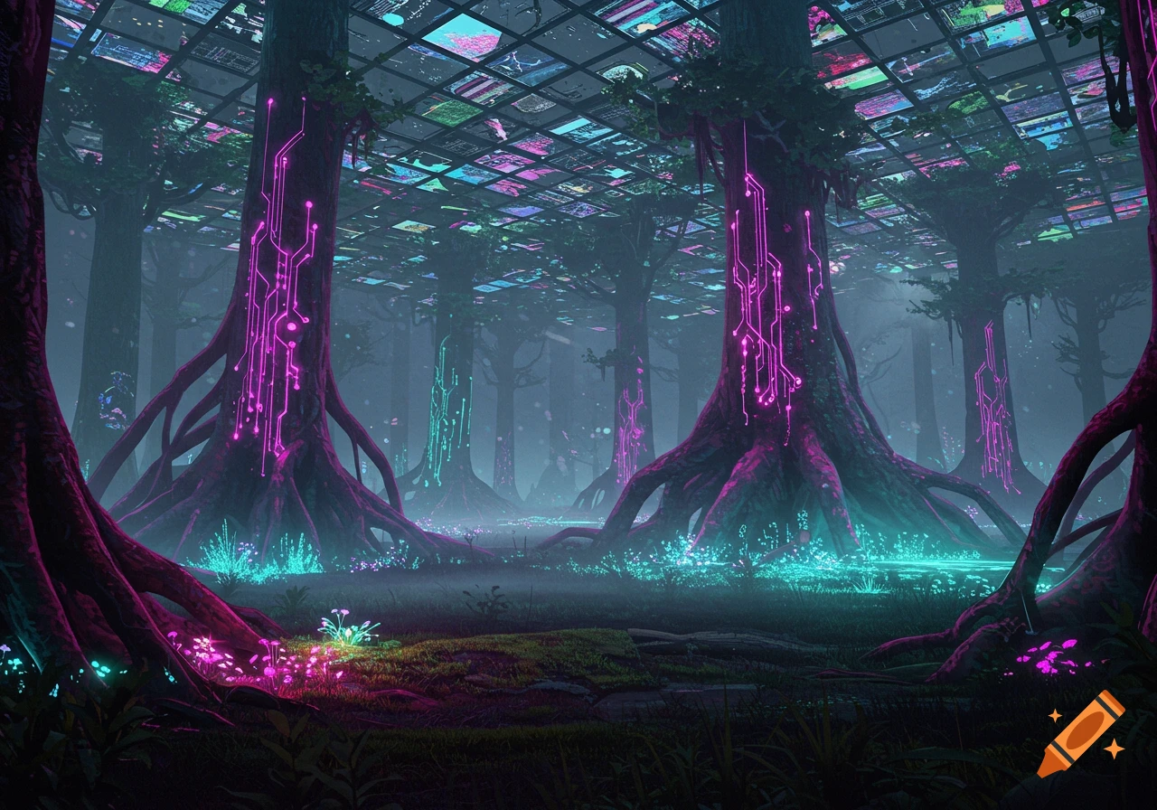 A dark, misty cyberpunk forest with large trees glowing with pink and teal circuit patterns, under a digital screen canopy.