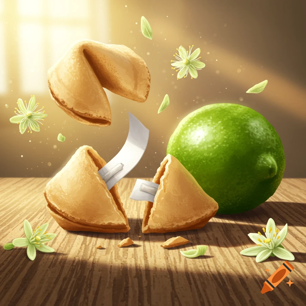 Illustrative image of fortune cookies, one broken with a blank paper, a whole lime, and white flowers on a sunlit wooden table.