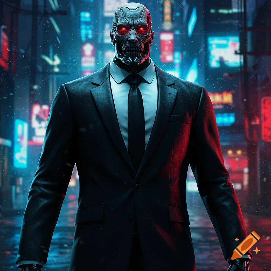 Menacing cyborg in a black suit with glowing red eyes, standing on a rainy cyberpunk street with neon lights.