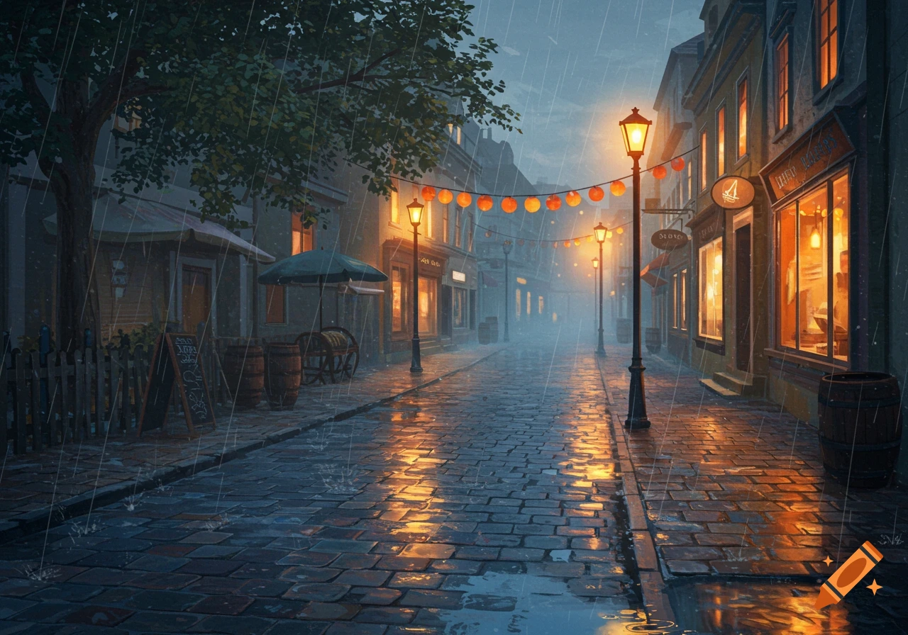 A cobblestone street in a European-style town at night, illuminated by streetlights and shop windows, with heavy rain falling. The scene has a digital art style.