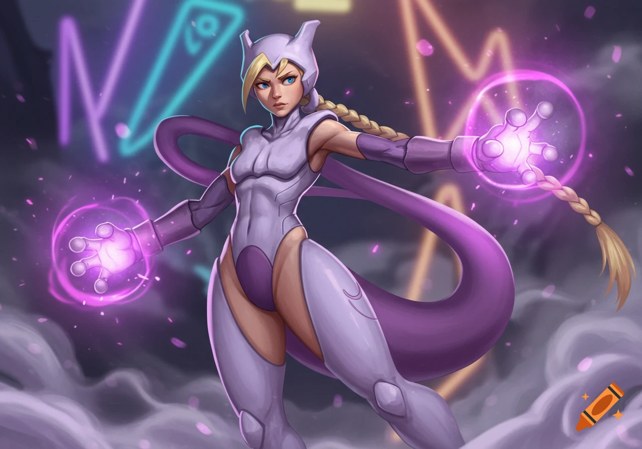 Female character in purple Mewtwo-inspired bodysuit with blonde braids holding glowing energy, against a dark background with neon symbols.