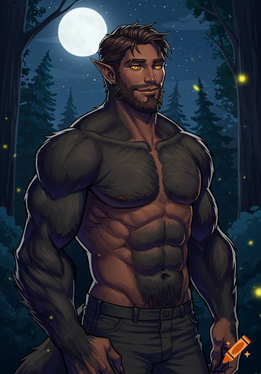 A muscular, shirtless cartoon werewolf with dark fur, beard, pointed ears, and glowing yellow eyes smiles in a moonlit forest with fireflies.