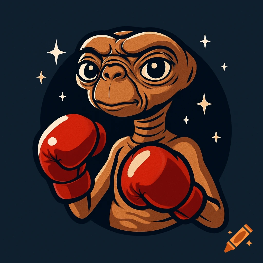 Cartoon illustration of E.T. wearing red boxing gloves, set against a dark background with sparkles.