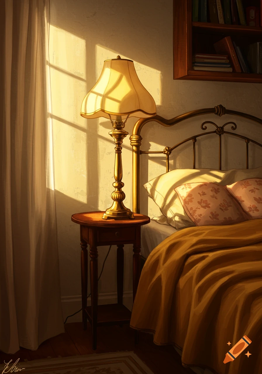 Cozy, warm illustration of a bedroom bathed in morning sunlight, with a lamp on a nightstand next to a bed, and a bookshelf.