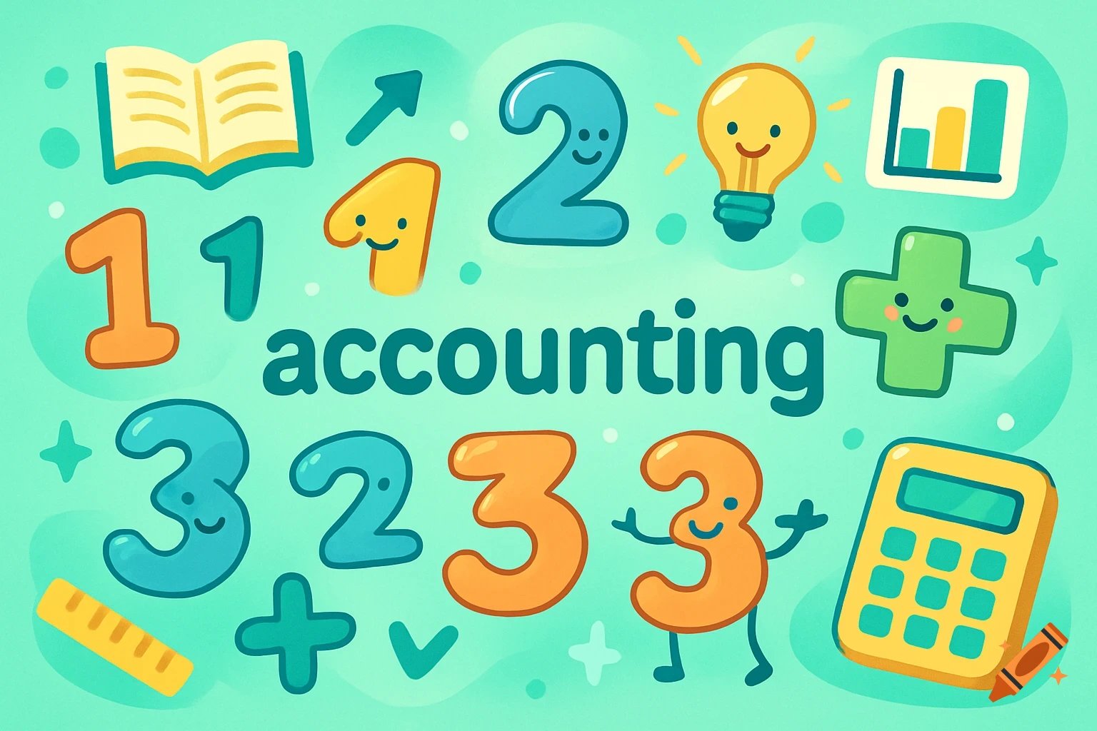 Cartoon illustration of 'accounting' surrounded by smiling numbers, math symbols, calculator, book, and lightbulb on a turquoise background.