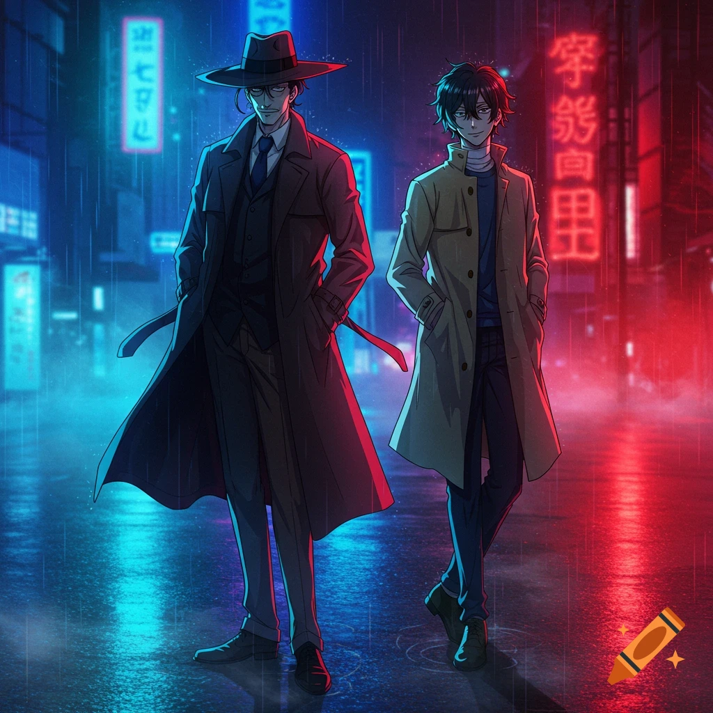 Two anime men in trench coats walk in a rainy, neon-lit cyberpunk city at night.