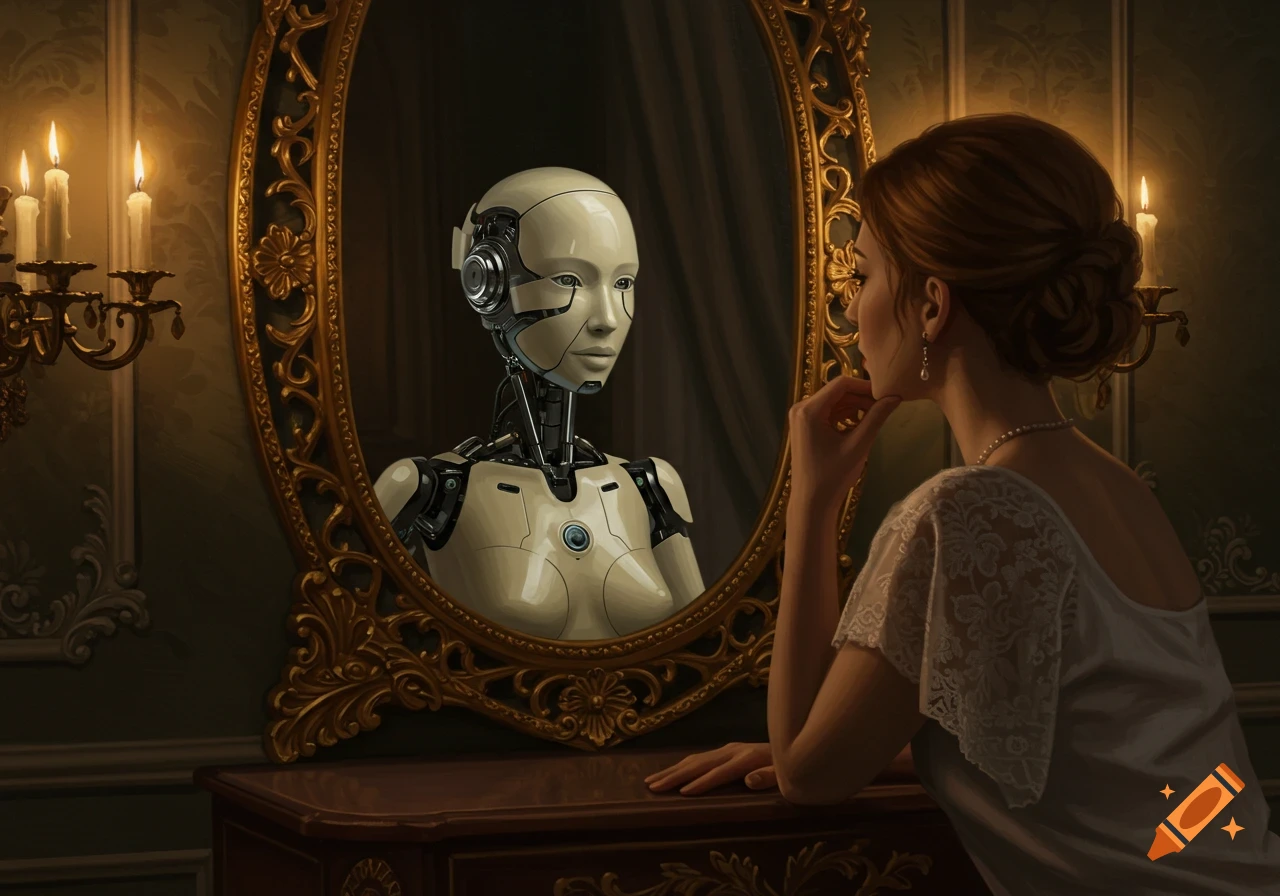 A woman in an elegant room looks into an ornate mirror, seeing the reflection of a female robot.