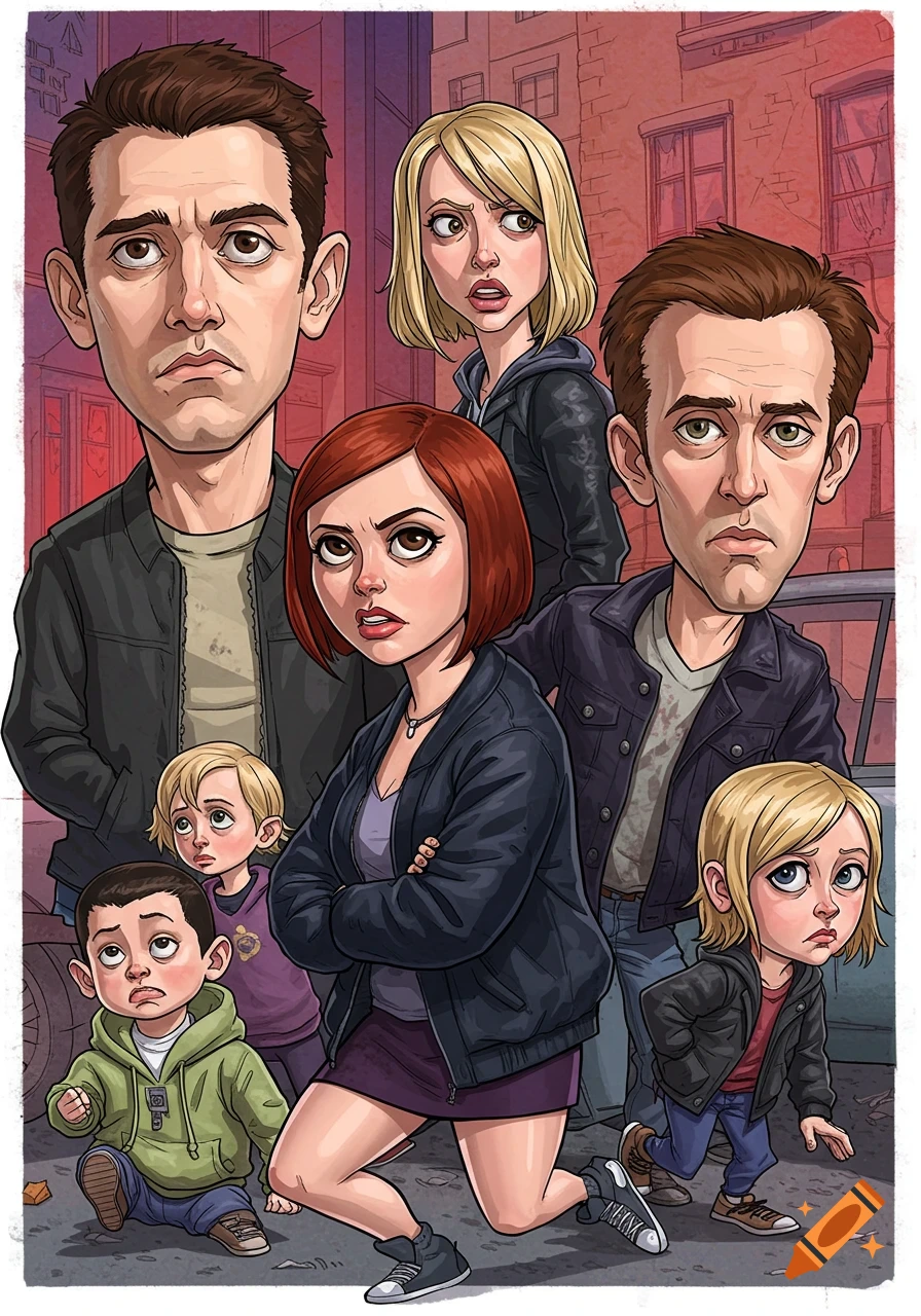 A cartoon illustration of a diverse group of adults and children with exaggerated features, standing in an urban street setting.