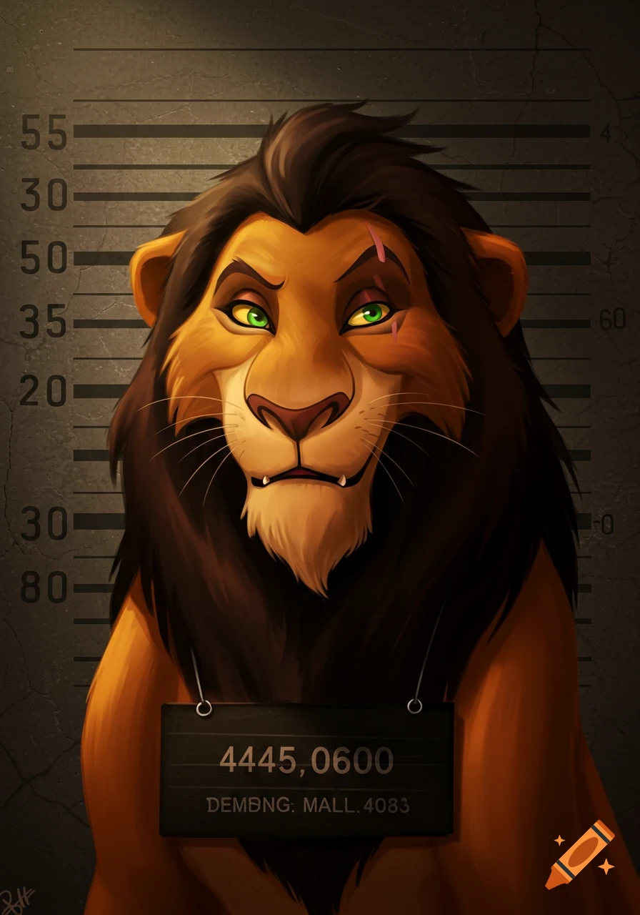Scar from The Lion King, depicted in an animated style mugshot, holding a sign with text, against a height chart wall.