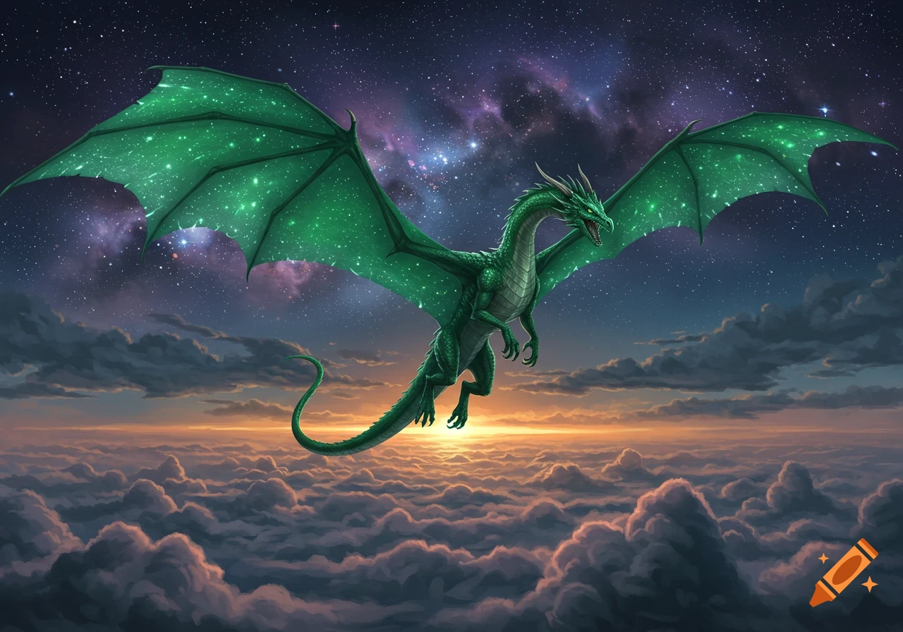 A majestic green dragon with sparkling, starry wings flies above orange-lit clouds beneath a vibrant starry night sky.