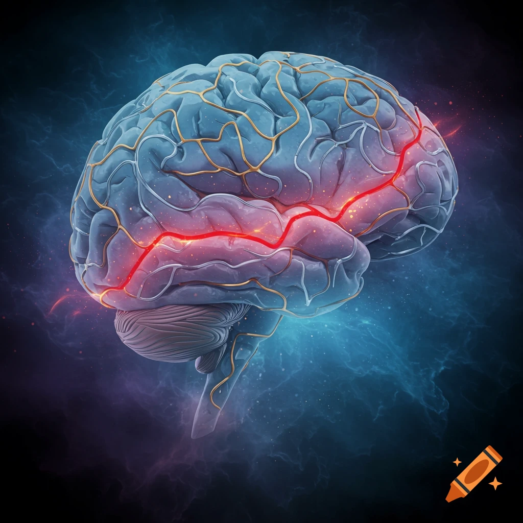 Detailed illustration of a human brain with glowing red pathways and golden veins on a dark, cosmic background.