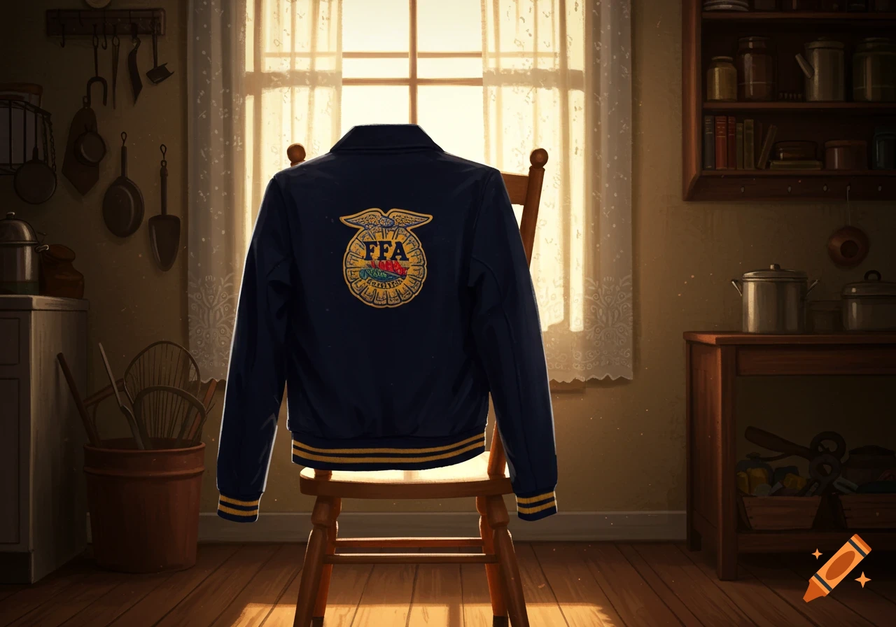 A dark blue FFA jacket with a gold emblem hangs on a wooden chair in a rustic kitchen bathed in sunlight.