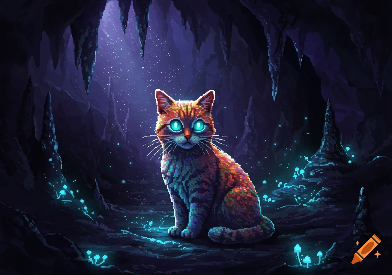 A vibrant pixel art cat with glowing blue eyes sits in a dark, mystical cave illuminated by bioluminescent mushrooms.