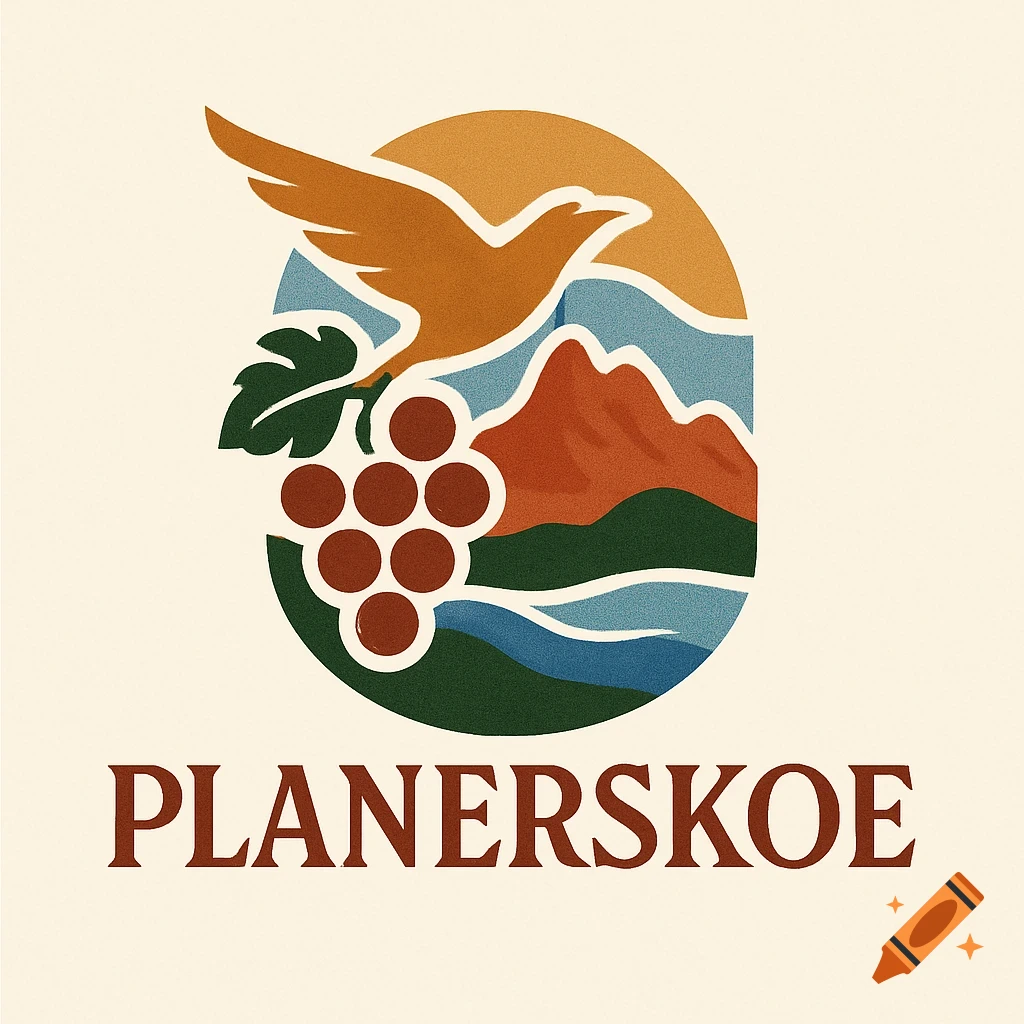 Vintage-style logo for PLANERSKOE with a bird, grapes, mountains, and sun in warm natural tones.